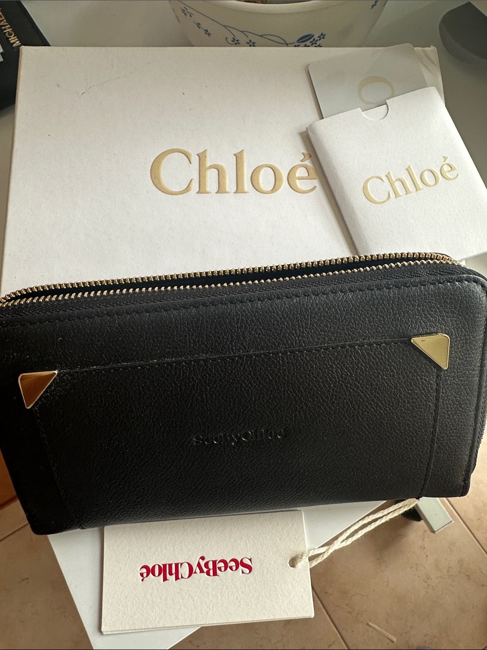 See By Chloé Black Leather Zip Card Holder with Gold Accents